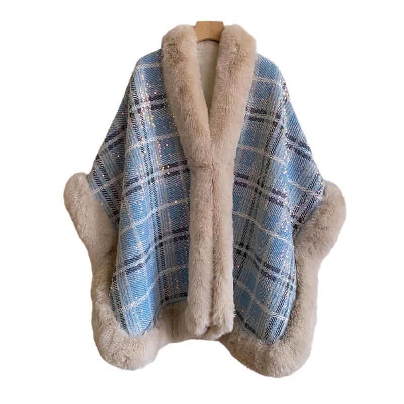Womens Winter Plaid Oversized Cape Coat With Faux Fur Collar Warm Thickened Fleece Lined Hooded Outerwear