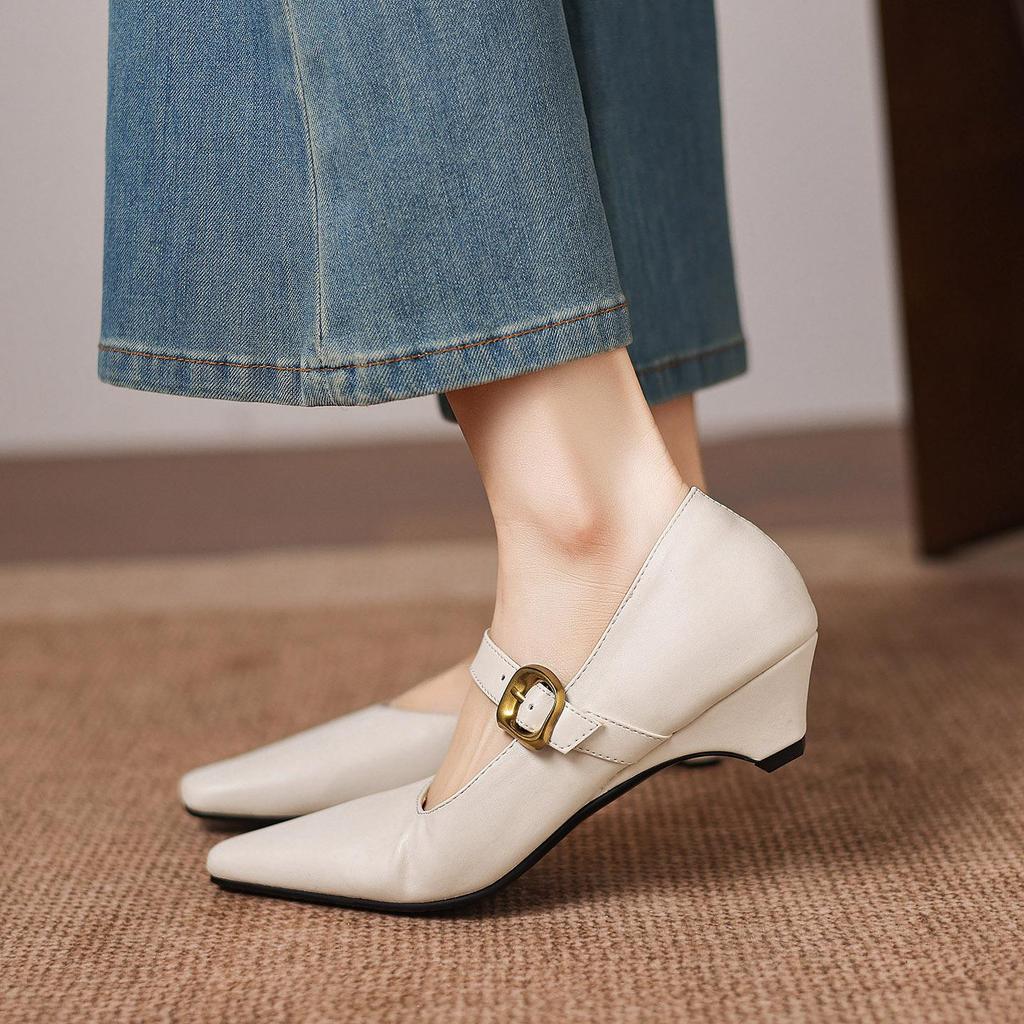 Krazing Pot Microfiber Square Toe Thick Med Heels Spring Summer Shoes Big Size 43 Metal Buckle Beauty Women Shallow Pumps