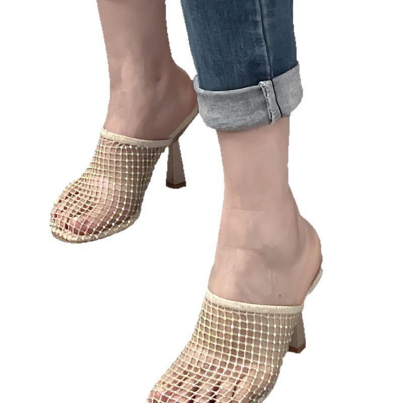 Fashion 2025 New Summer Shoes Women Sexy Hollow Mesh Square Toe Shoes for Women High Heels Summer Party Pumps Apricot Black