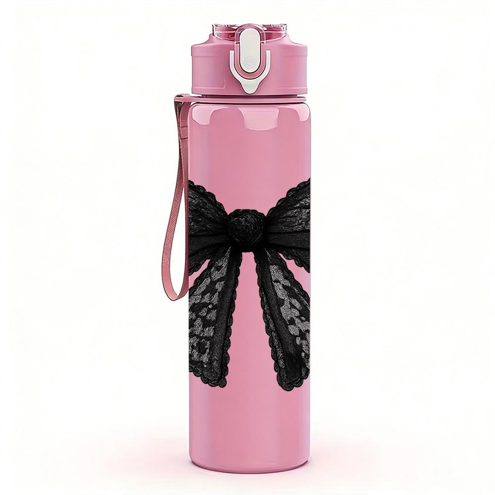 1PC Simple Large Black Coquette Bow 750ml Color Plastic Sports Water Bottle Leakproof Flip Straw Lid Suitable for Sports Office Home Use