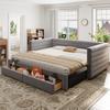 Cama Estofada 3 em 1 Sofá-Cama Extensível 90 x 190 cm, com Gavetas, Conversível em Cama de Solteiro/Casal, Algodão e Linho, Cinza (Colchão não incluído)