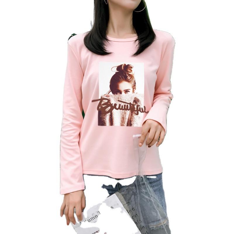 

Осенняя новая корейская женская одежда с портретным принтом, футболка с длинными рукавами, женская студенческая базовая рубашка, топ 3XL розовый