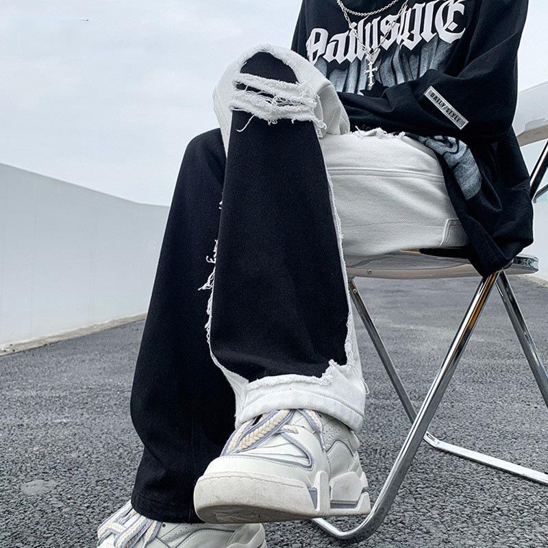 

Men s Slim Fit Black & White Ying-Yang Patchwork Ripped Jeans - American Vibe Straight Leg for Spring/Autumn 3XL