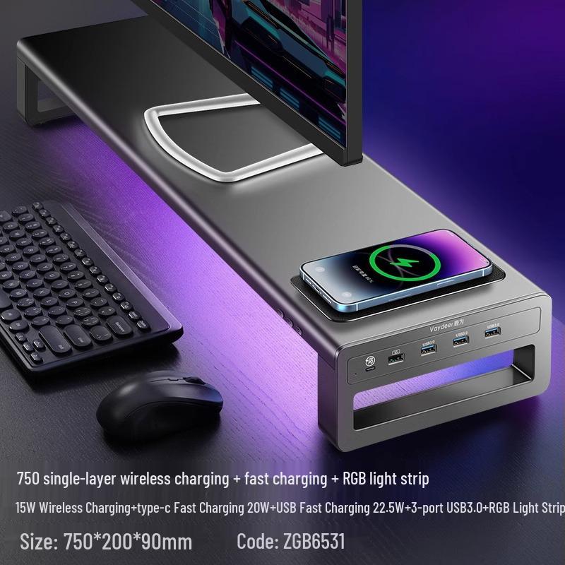 RGB Computer Monitor Riser Stand with USB Ports and Storage