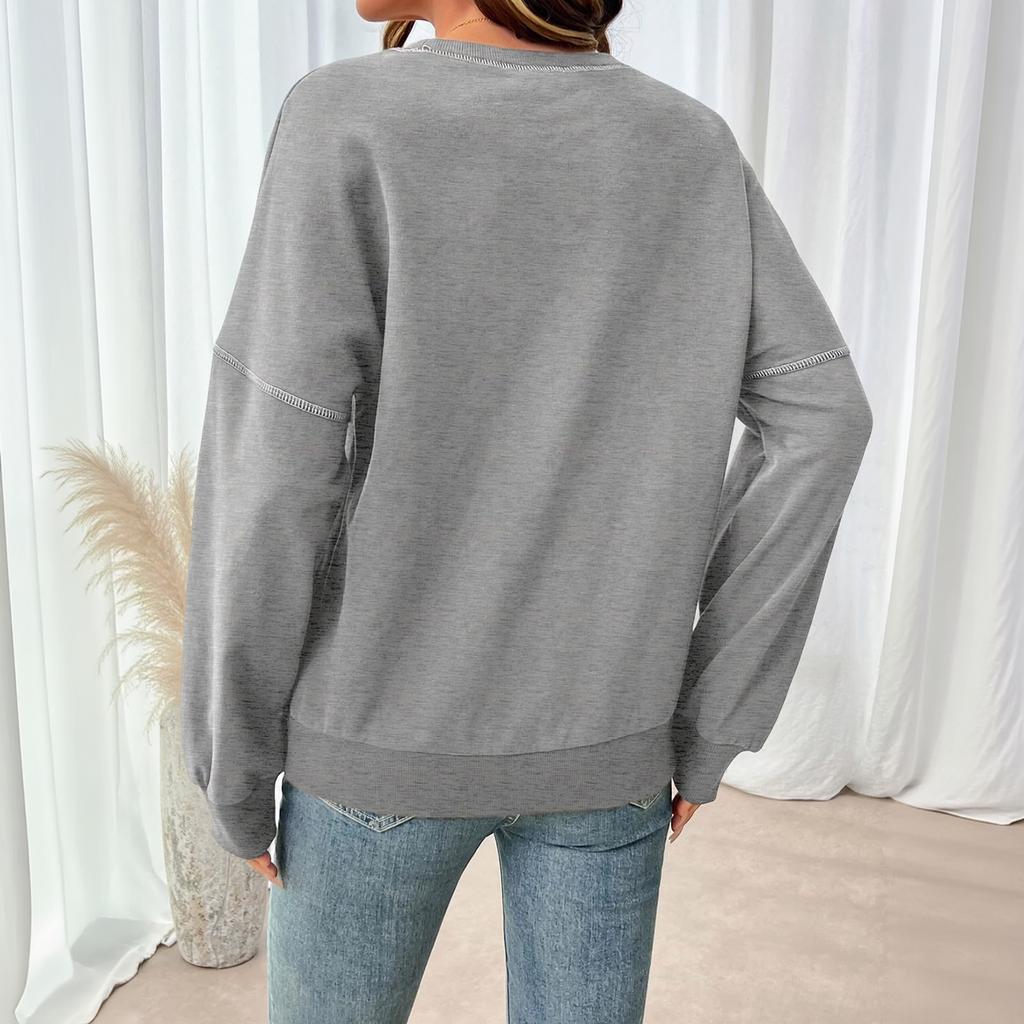 Damen Casual Locker geschnitten Langarm Pullover Sweatshirt mit Rundhalsausschnitt