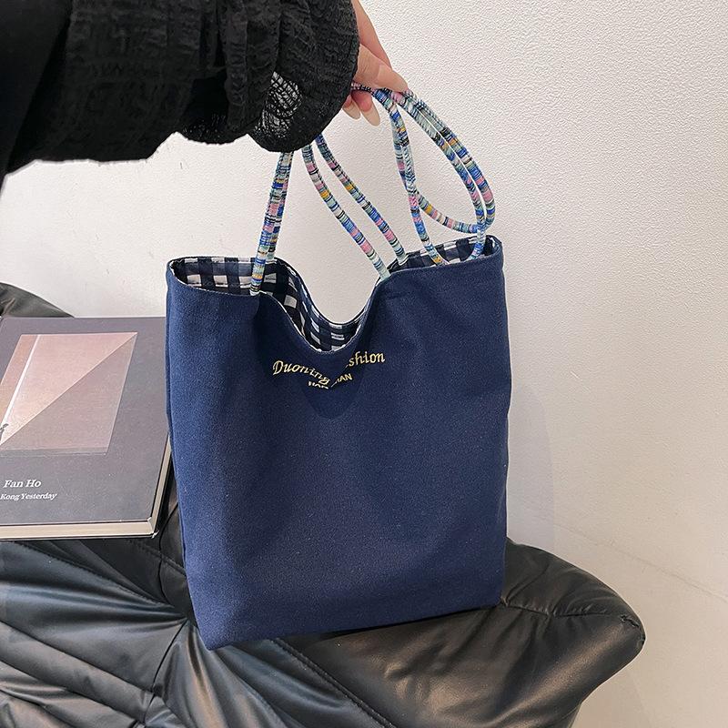 American Double-sided Bag Plaid Canvas Bag Women's Commuter Tote Bag Retro Contrasting Color Handbag Spring New Parent-child Bag
