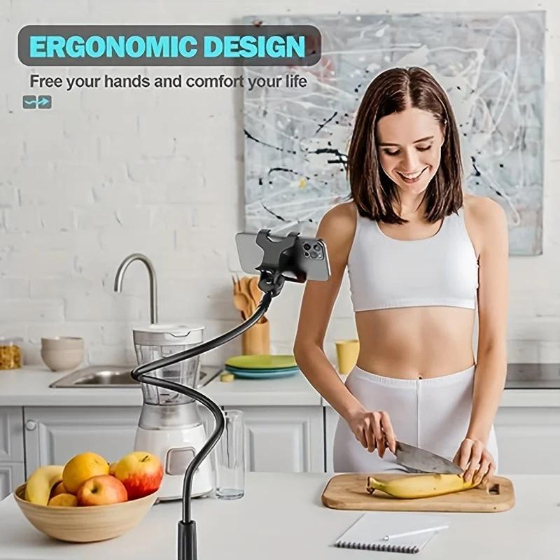 Phone Clip on Stand Holder with Grip Flexible Long Arm Gooseneck Lazy Bracket Mount Clamp for IPhone 15 Pro Max Accessories New