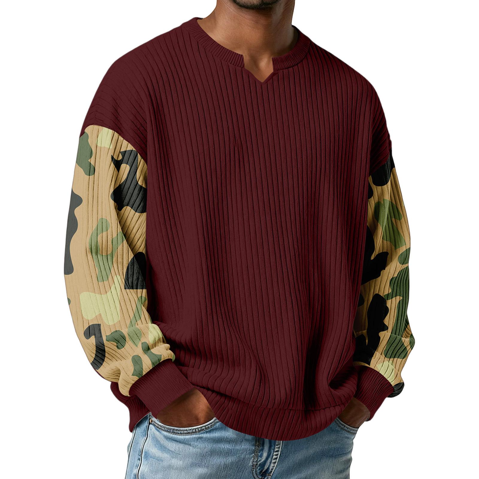 

Men s Camouflage Stylish V-Neck Ribbed Textured Long-Sleeve T-Shirt XL винний