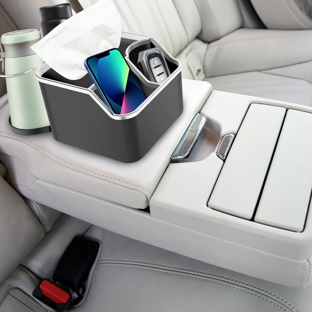 Car Armrest Storage Organizer Auto Armrest Tissue Holder with 2 Folding Cup Holder Car Interior Storage Box for Car Accessory