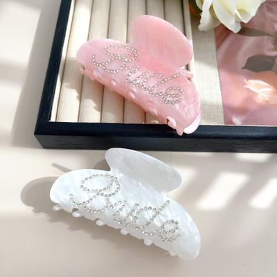 Elegant Shinning Rhinestone Bride Letter Big Acetate Hair Claw Clips for Women White Pink Hair Styling Accessories Wedding Gift