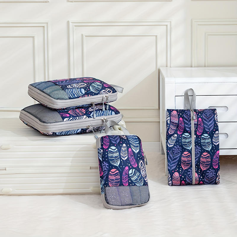 4Pcs/set Creative Printed Compression Packing Cubes Organizer Set Lightweight Travel Suitcase Clothes Storage Bags