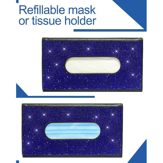 Bling Car Sun Visor Tissue Box Holder,PU Leather With Bling Crystal Rhinestones Tissue Holder,Car Accessories For Women (Blue)