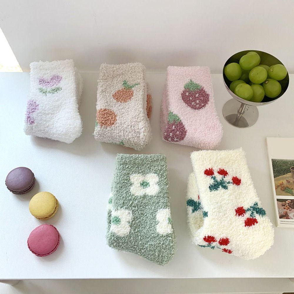 Flower Strawberry Coral Fleece Socks Winter Warm Socks Women Soft Floor Plush Socks  Winter