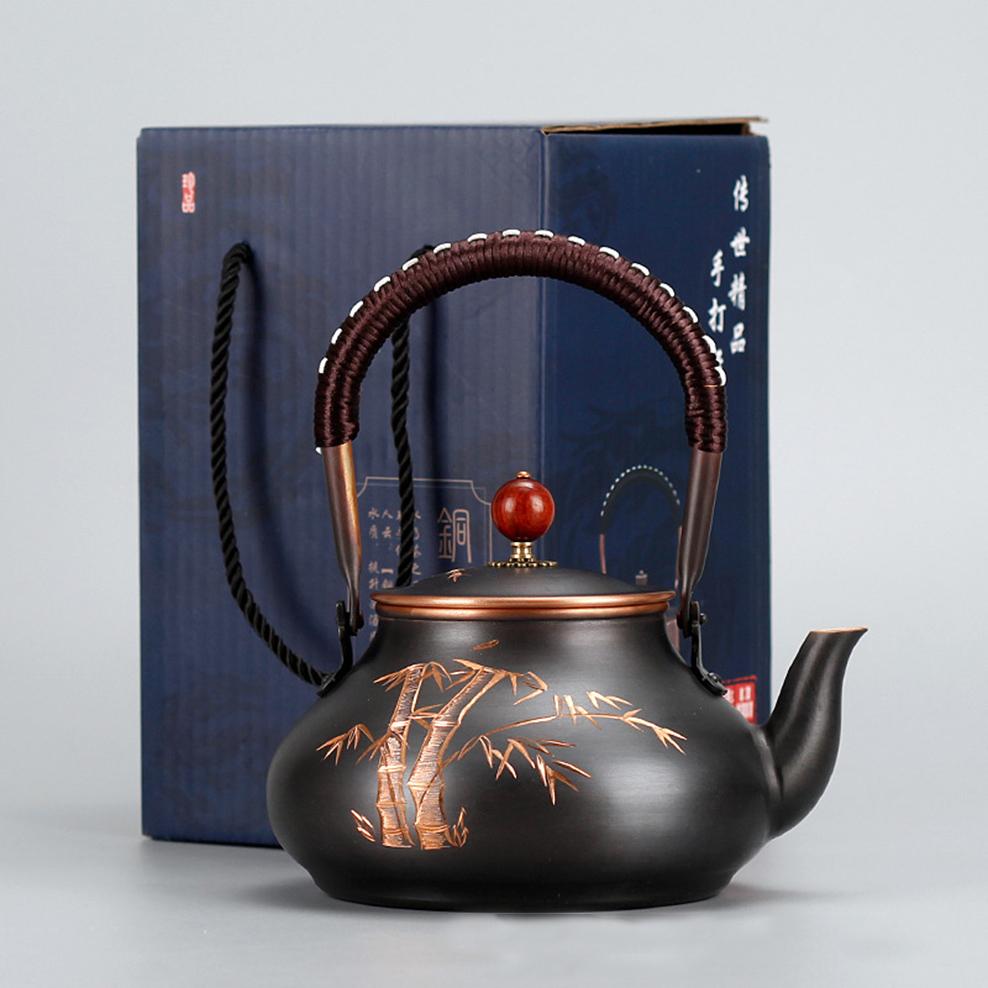 

1300 мл Чайник из красной меди без покрытия, жареный черный, из чистой меди, для кипячения воды, в ретро-стиле, набор для чая кунг-фу 1.3L