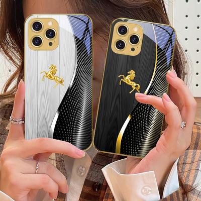 Wood Grain Golden Horse For IPhone 16 Pro Max 15 P Ro 14 13 Plus 12 Mini 11Pro Max XS Max XR Golden Tempered Glass Phone Case
