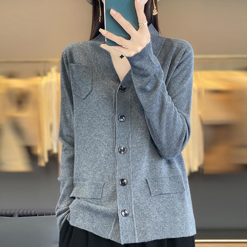 Spring and Autumn with Pockets Knitted Cardigan Women's Jacket Solid Color Loose Thin Outwear Top Long-sleeved Knitwear