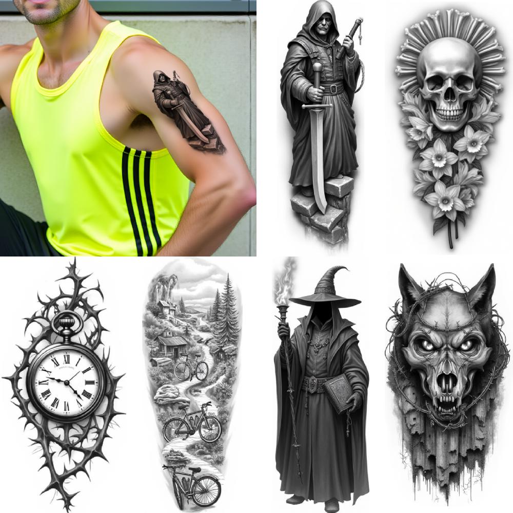 3 Stück Temporäre Tattoos Realistische Temporäre Tattoos Wolfskopf Totenkopf Stab Totenkopf Mit Krone Für Frauen Erwachsene Oberschenkel