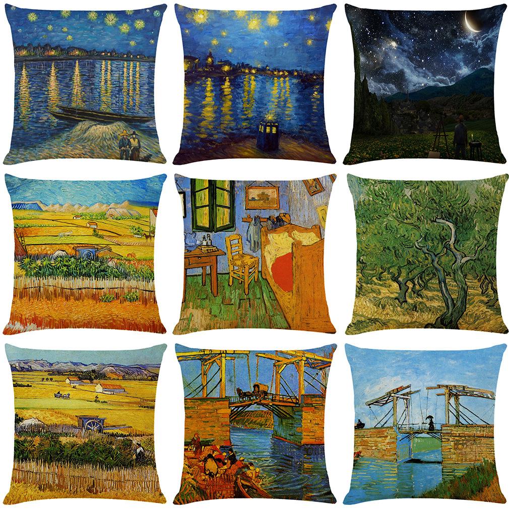 Van Gogh Sternenhimmel Leinen Kissenbezug Hülle Nordische Ölgemälde Kissen Dekorative Heimdekoration Sofakissen