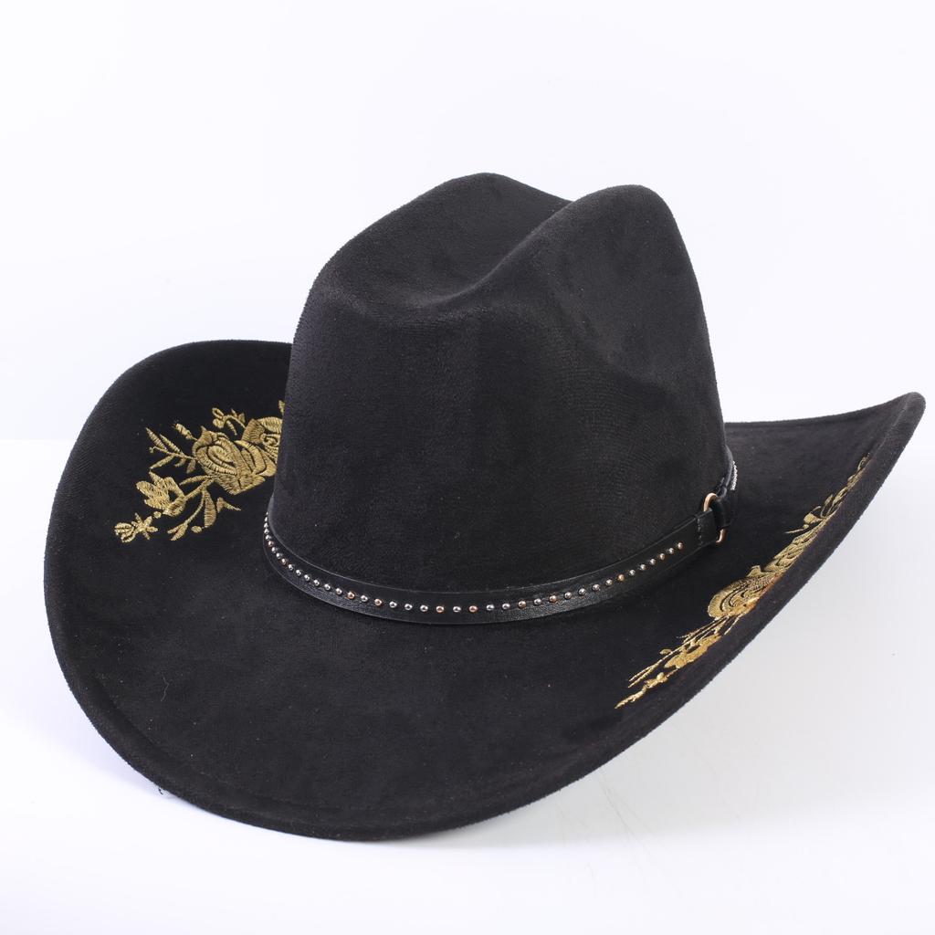 Beliebter europäischer und amerikanischer klassischer Wildleder Western Cowboyhut für Herren und Damen, großer Schirm, bestickt, Outdoor-Sonnenhut