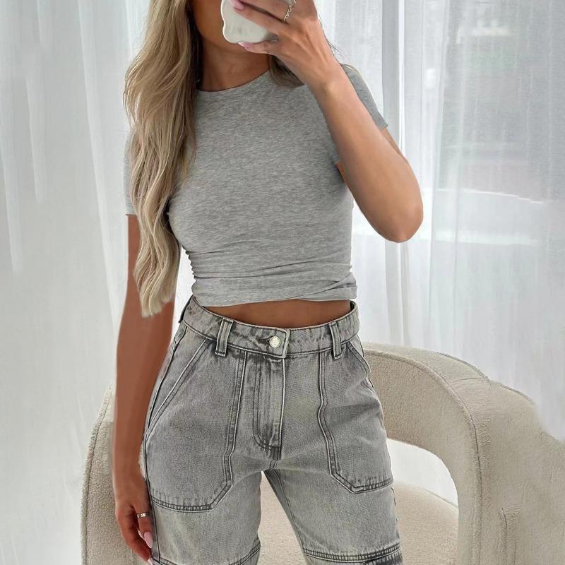 Women's Summer Basic White Crew Neck Slim Fit Short Sleeve T Shirt