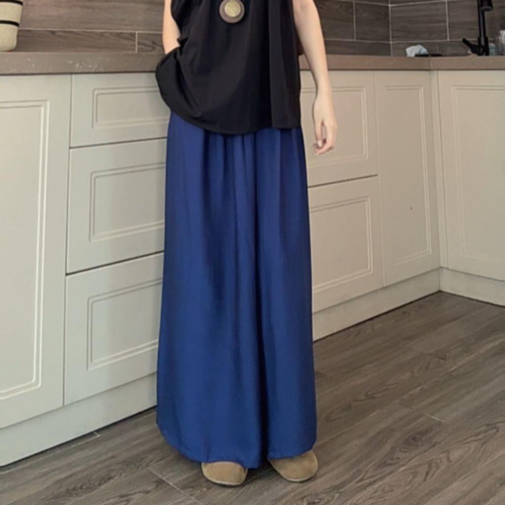 Korean Style Blue High-Waist Wide-Leg Lazy Pants Plus Size Long 9/10 Length Casual Loose Fit Fashion for Women