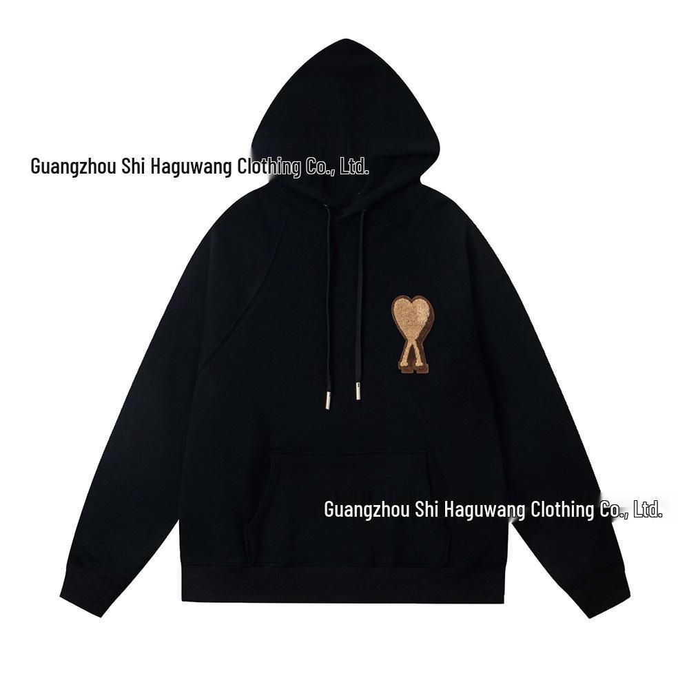 AMI ANCIENT Unisex Embroidered Heart Terry Cloth Hoodie - Versatile Loose Fit Pullover Jacket for Autumn/Winter