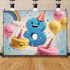 Toile de fond 2D pour 8ème anniversaire pour filles, Mignon Chiffre 8 Dessin Animé avec des Gâteaux Souriants et des Ballons