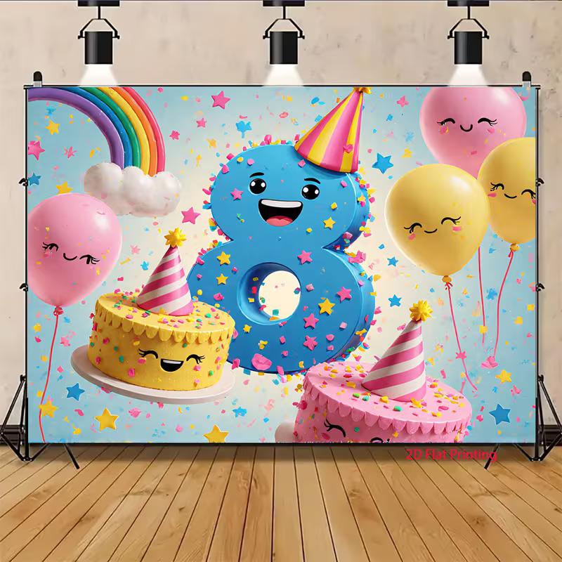 Toile de fond 2D pour 8ème anniversaire pour filles, Mignon Chiffre 8 Dessin Animé avec des Gâteaux Souriants et des Ballons