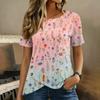 Women Short Sleeve T Shirt Floral Print Button Detail Round Neck Casual Blouse Lightweight Soft Fabric Summer Top