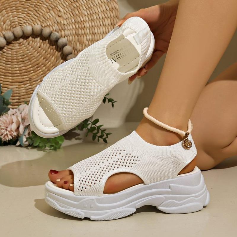 Fashion 2025 New Women Sandals High Heel Flying Weave Slope Heel Thick Sole Women Sandals Summer Fish-mouth Knitted Sports Shoes Women