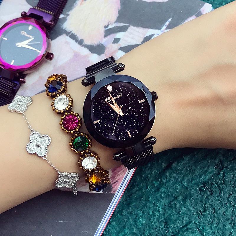 

Часы Starry Sky Dial Rhinestone Scale Simple Mesh Belt с магнитной застежкой, водонепроницаемые кварцевые часы