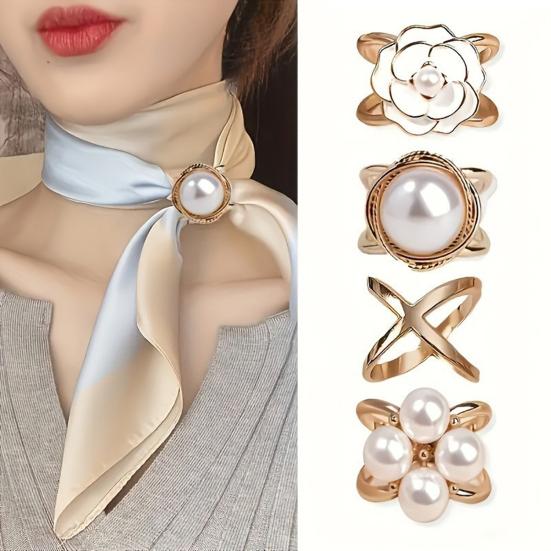 4Pcs X Shape Scarf Rings Camellia Faux Pearl Scarf Clips Metal Scarfs Clasp Holder Buckles for for Women Silk Scarves Shirts Shawls