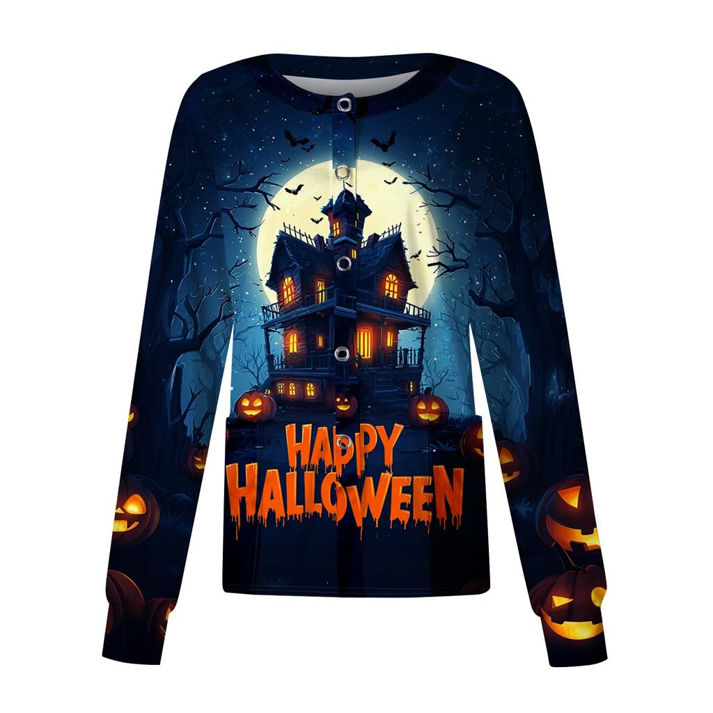 Womens Long Sleeve Button Front Cardigan Halloween Print Spider Web Pattern Lightweight Knit Top for Casual Wear and Work Uniform