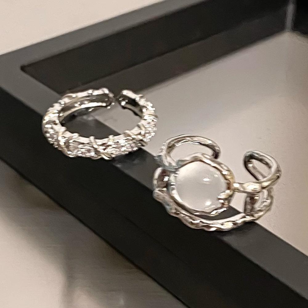 Light luxury moonstone ring, women's diamond-set open ring, niche design, plain ring, index finger ring, two-piece set, ring, none.