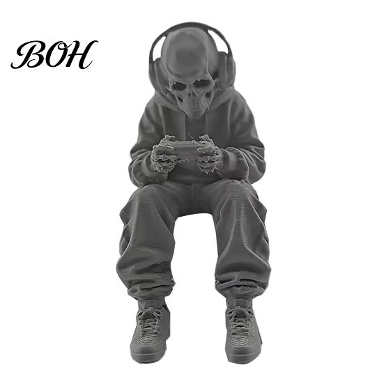 Durable Skull Figurine 3D Printed Sitting Skeleton Statue, Halloween Indoor Decor Figurines, Mini Detailed Model Home for Living Room Table