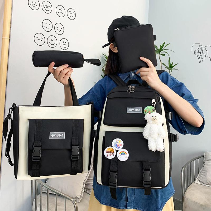 5pcs Primary School Five Piece Backpack Set High School Student Large Capacity Multifunctional Backpack Waterproof  Wear-resistant Canvas Leisure Bag