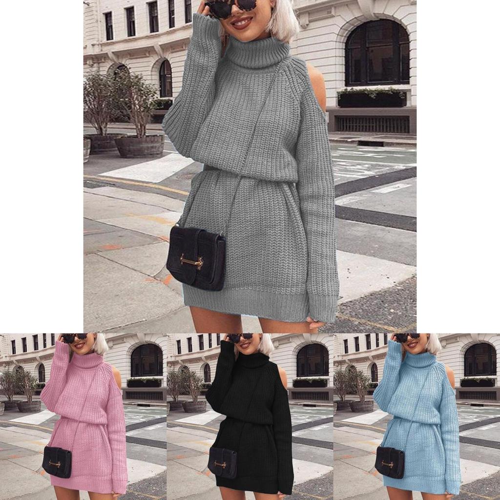 Premium Quality Autumn And Winter Mid Length High Collar Off Shoulder Sweater Dress Mini Dress For Effortless Style