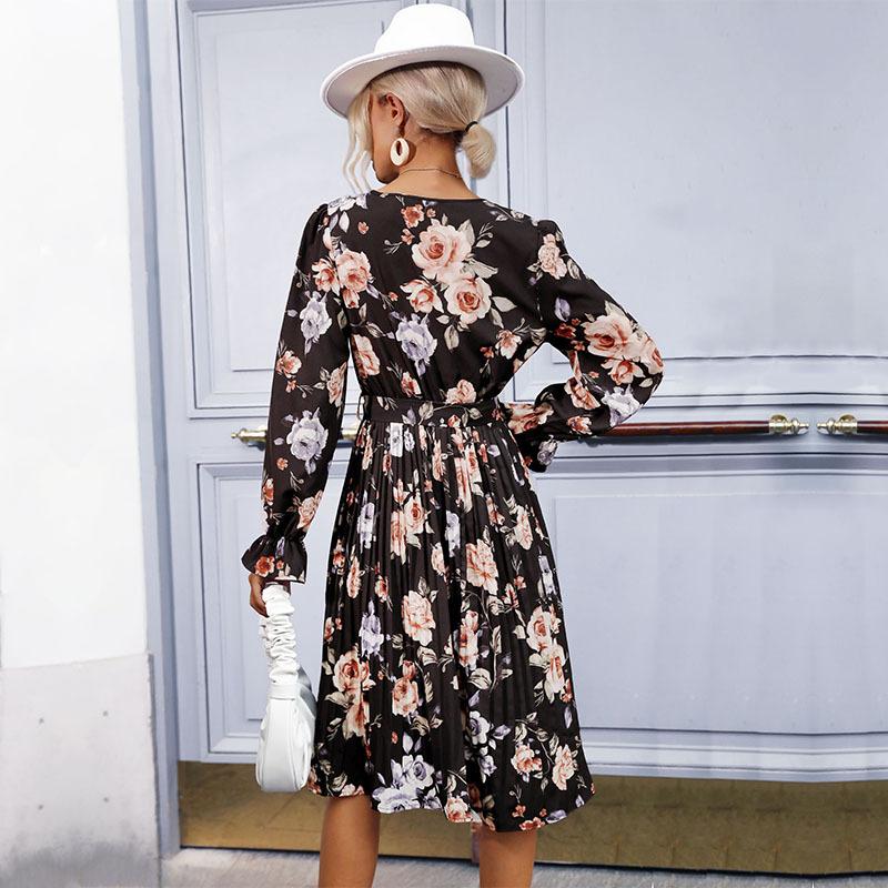 Fashion Women's Printed Long Sleeve Dress Pleated Skirt Medium and Long