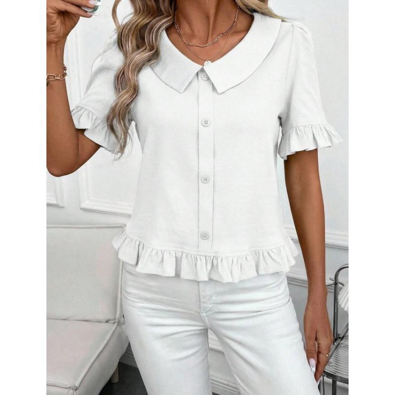 Lady's Front-buttoned Petal Short-sleeved Summer Fashion Pullover Casual Everyday Versatile Top