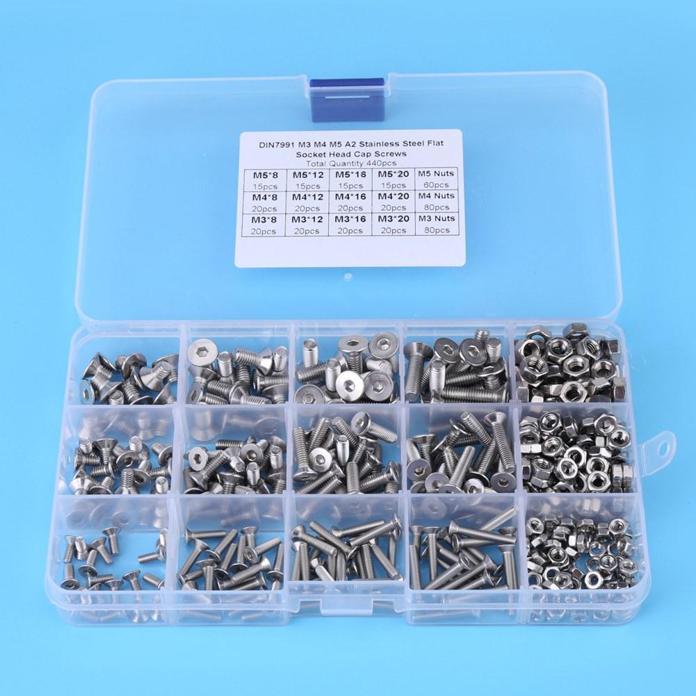 440pcs M3 M4 M5 Stainless Steel Hex Socket Flat Head Screw Bolts and Nuts Kit