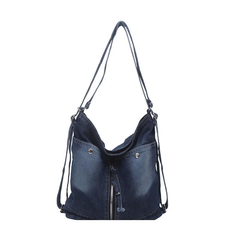 Vintage Denim Hobo Bag, Large Capacity, Zipper Decor, Adjustable Strap, 3-in-1 Shoulder Crossbody Backpack For Women
