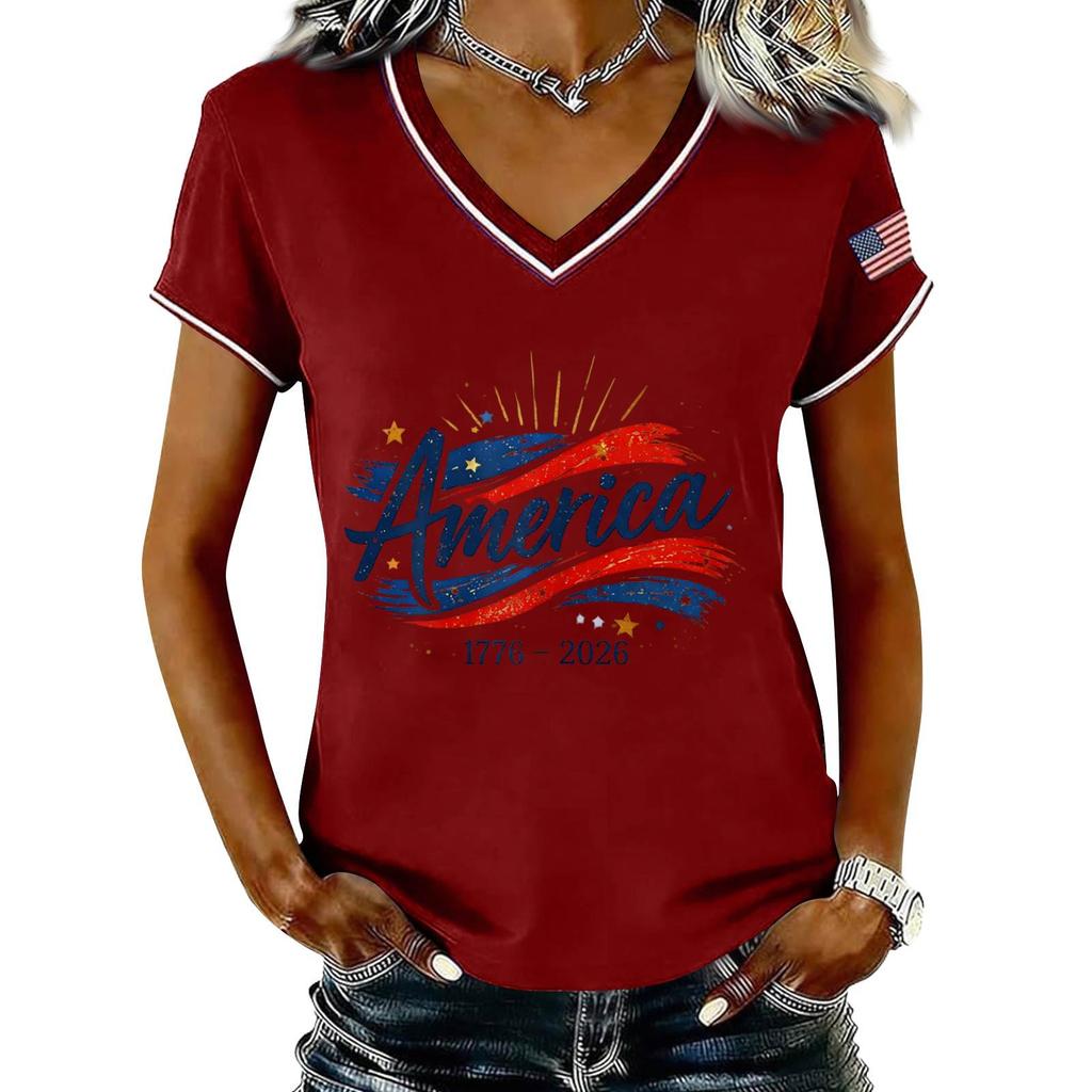 Damen Lässiger V-Ausschnitt Kurzarm Pullover Bedrucktes T-Shirt Top