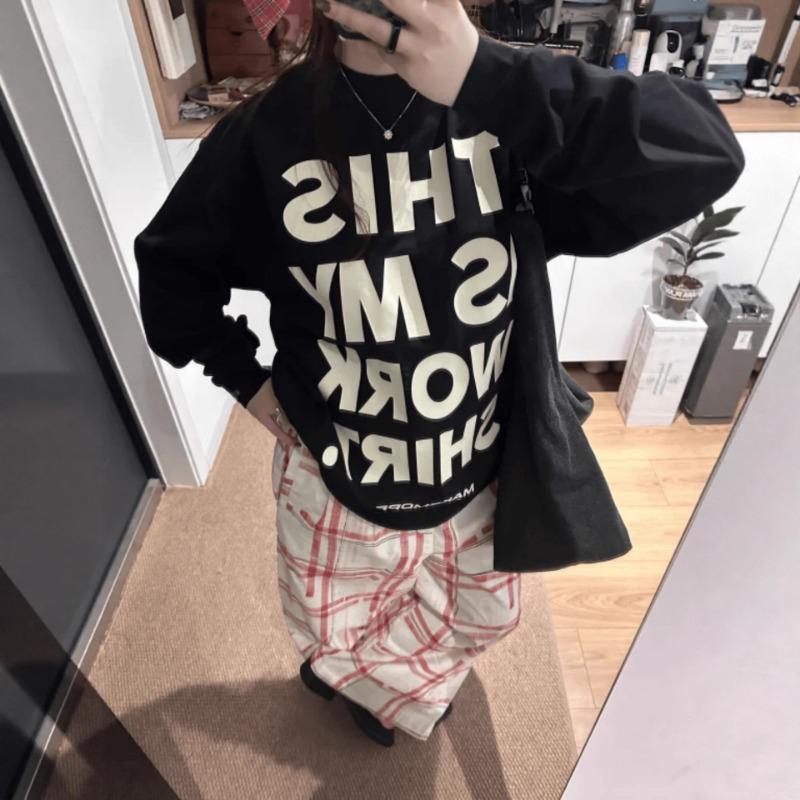 

Весна Осень Мода Харадзюку Принт Буквами Хлопковая Футболка Женская Длинный Рукав Свободный Повседневный Пуловер Футболка Топ M чёрный