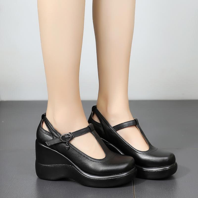 Fashion GKTINOO T-Strap Genuine Leather Wedges Shoes for Women 2025 High Heels Shoes Office Ladies Platform Shoes Mother Plus Size 34-43