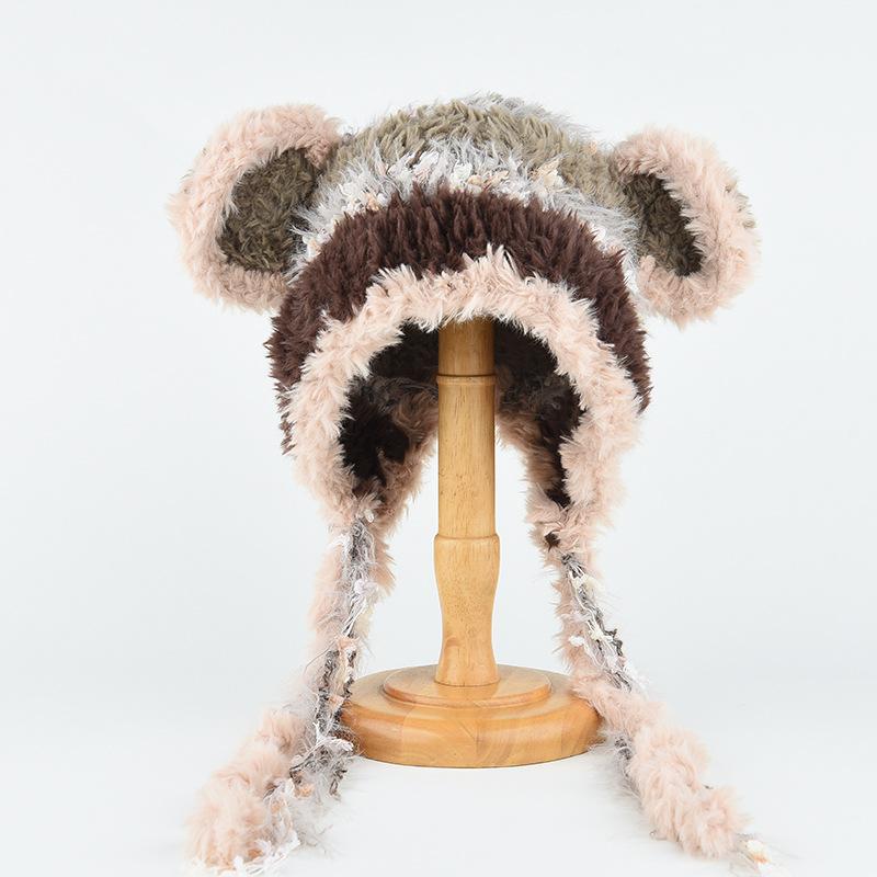 

Милая вязаная шерстяная шапка с ушками медведя, женский осенне-зимний плюшевый комплект, теплая защитная шапка для ушей Lei Feng One Size бежевый