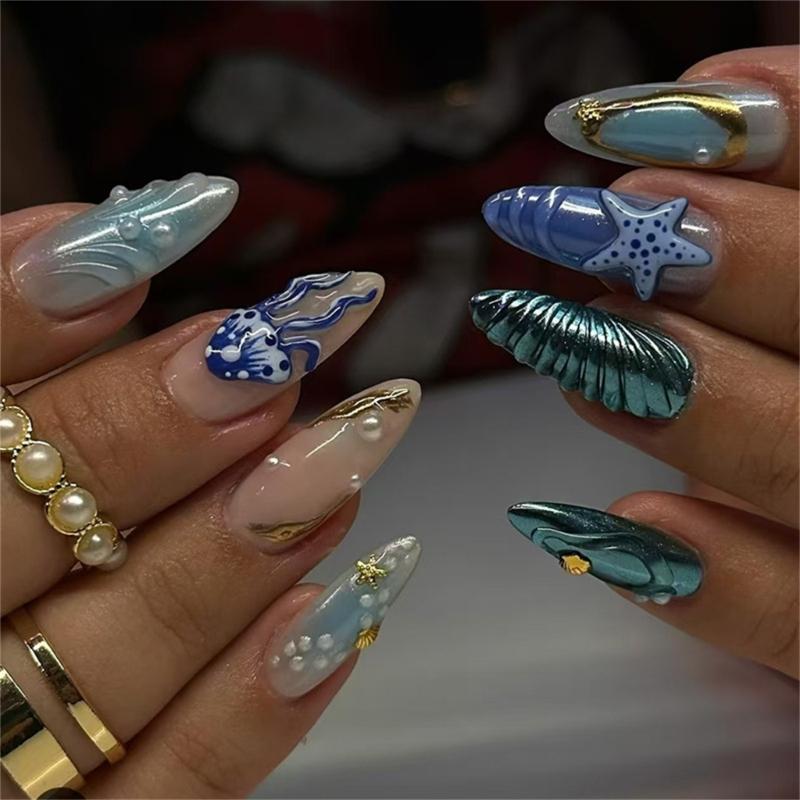 24 Pcs Almond Shaped Stick On Nail Glossy Press On Nail Reusable False Nail Ocean Star Jellyfish Acrylic Nail