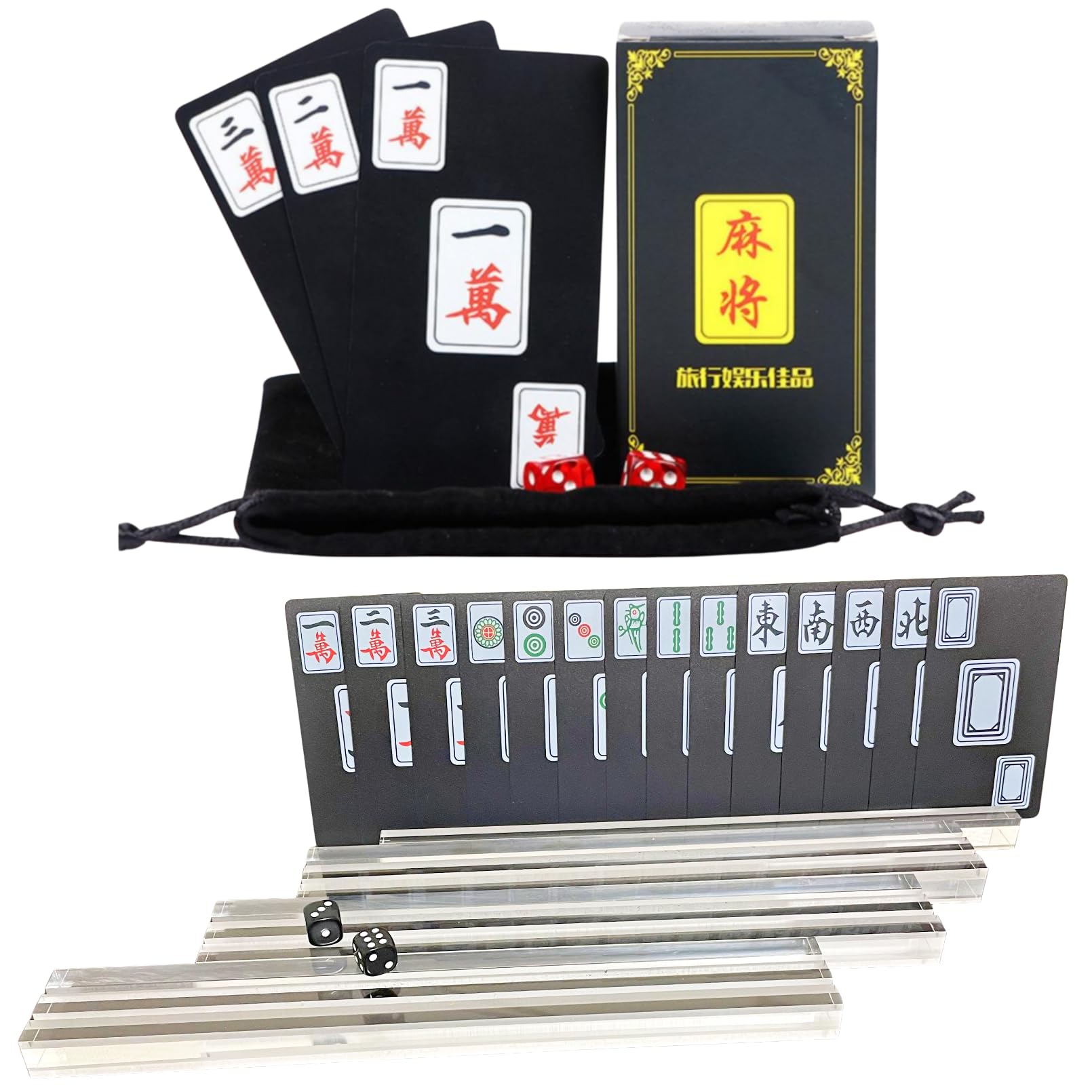 

heizi Mahjong Game, Mahjong Cards, Plastic Storage Bag, and 2 Dice Included, Card Mahjong Tabletop Game (Mahjong Cards, Dice, and Card Stand)