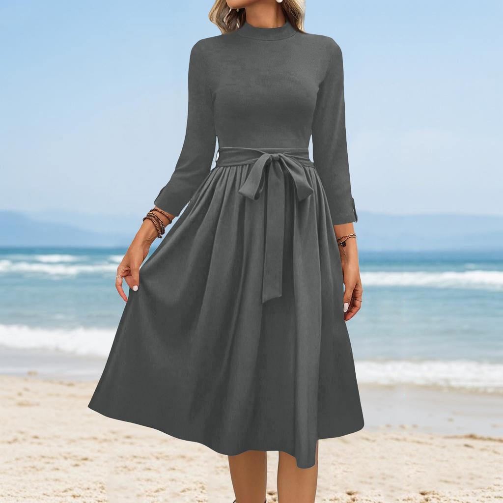 Women's Fashion Casual Belt Seven Sleeve Round Neck Solid Color Temperament Dresses