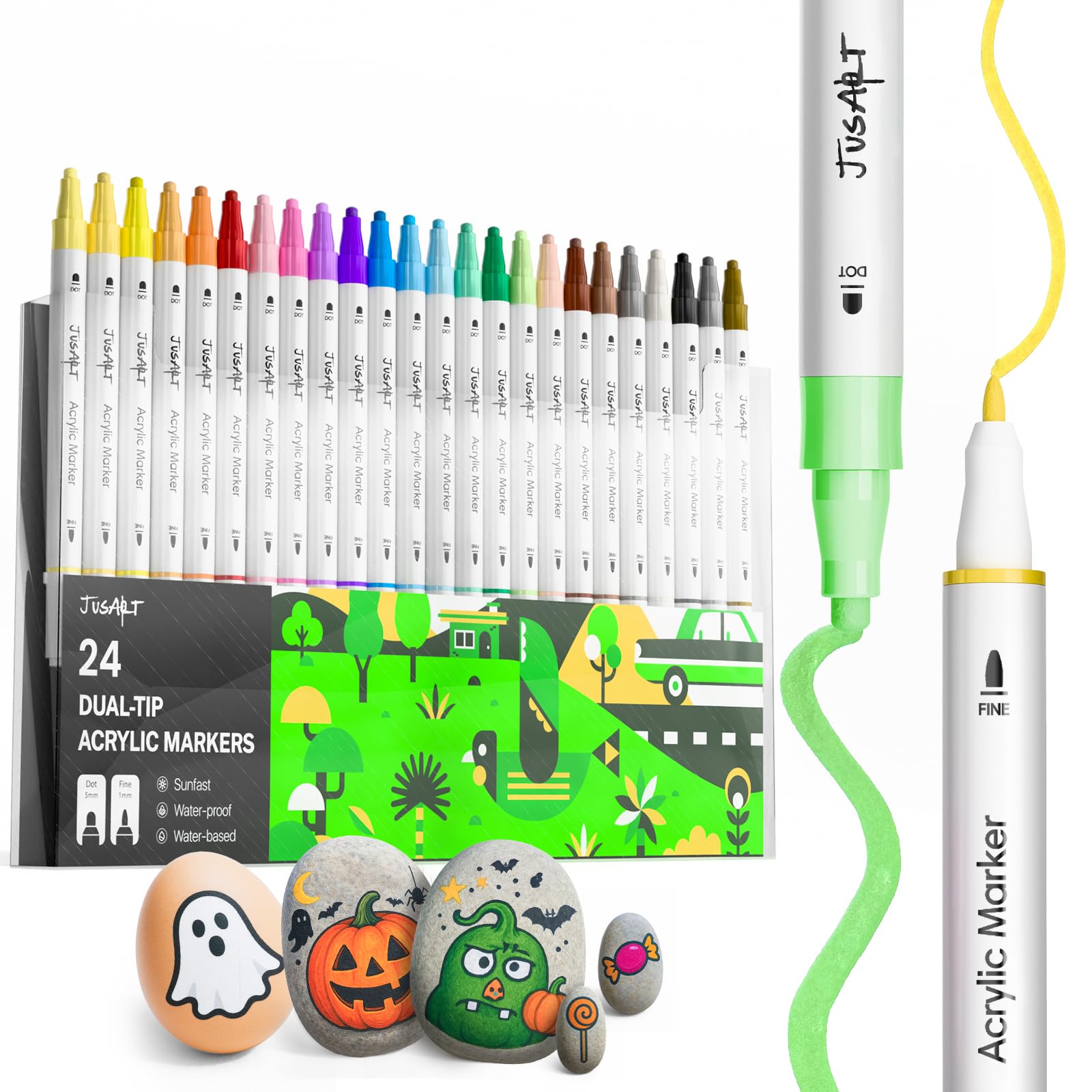 

JusArt Acrylic Marker Paint Markers with Brush Tip and Fine for Acrylic Art Writes on and Metallic Perfect for Gifts Pens, 24-Color Set, Tip,