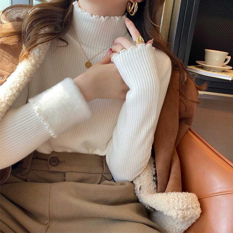 Casual Velvet Warm Pullovers Sweater for Women Fashion Thickened Half High Collar Base Autumn Sweaters Women Solid Slim Fit Plush Winter Jumpers 25613